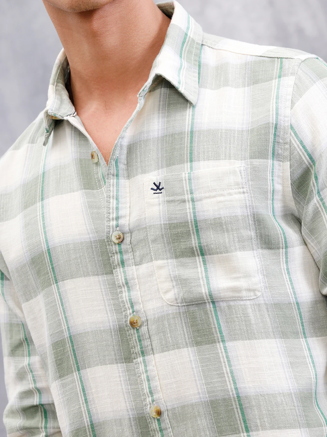 Cotton Twill Slub Checks In Slim Fit | Green - Image 4