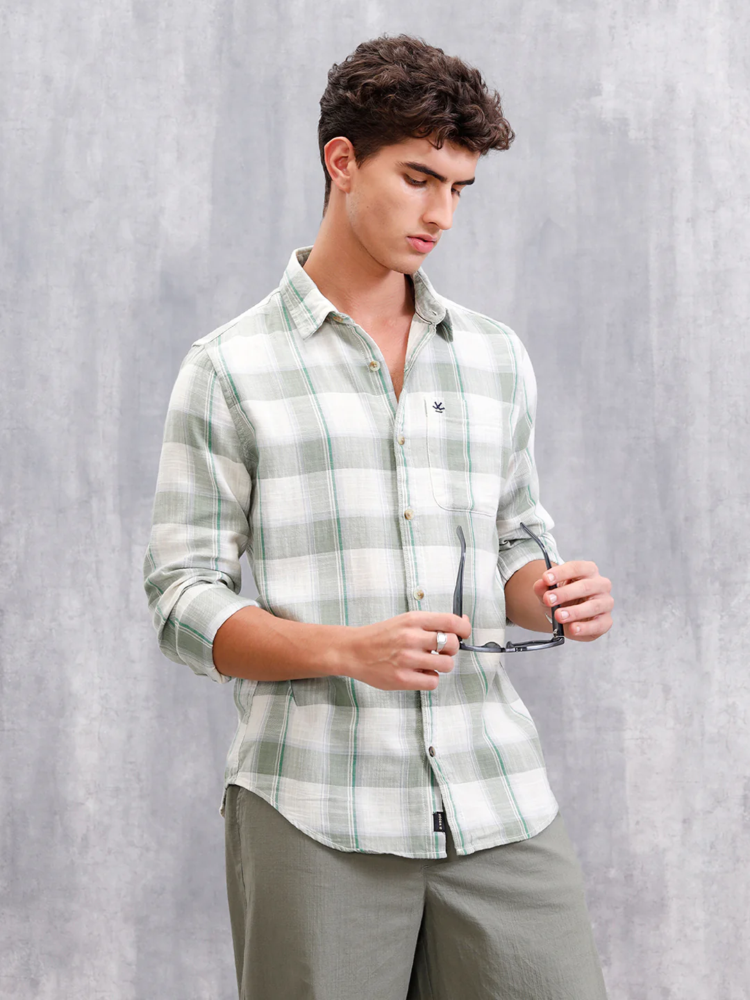 Cotton Twill Slub Checks In Slim Fit | Green - Image 5