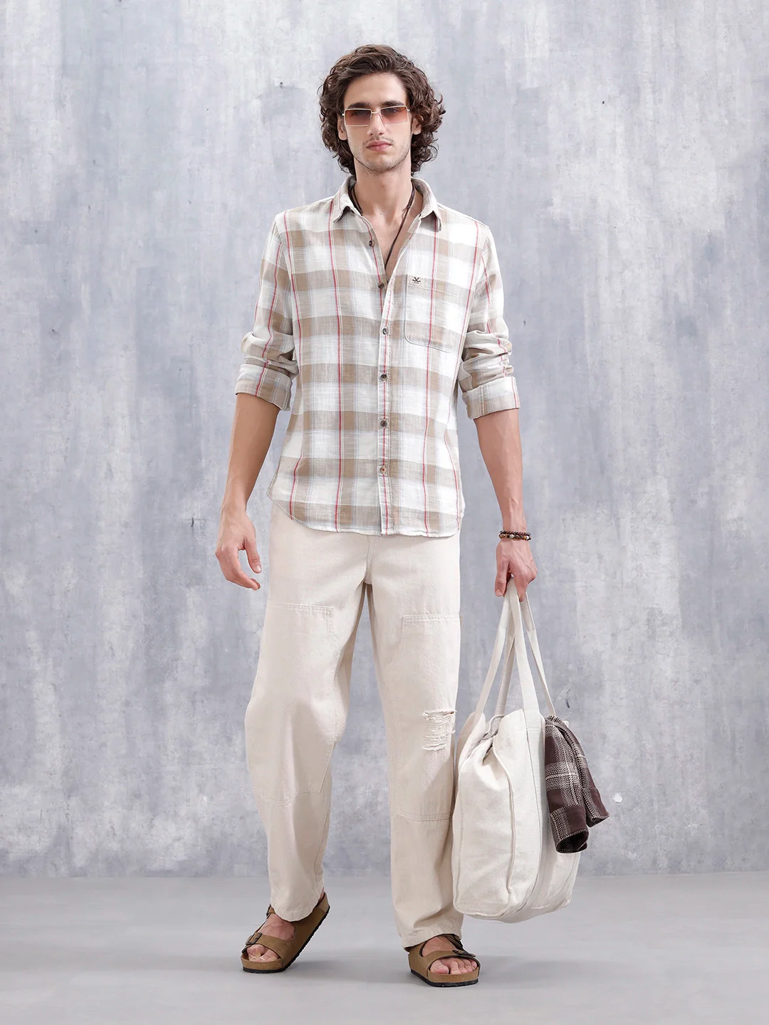 Cotton Twill Slub Checks Slim Fit Shirt | Beige - Image 2