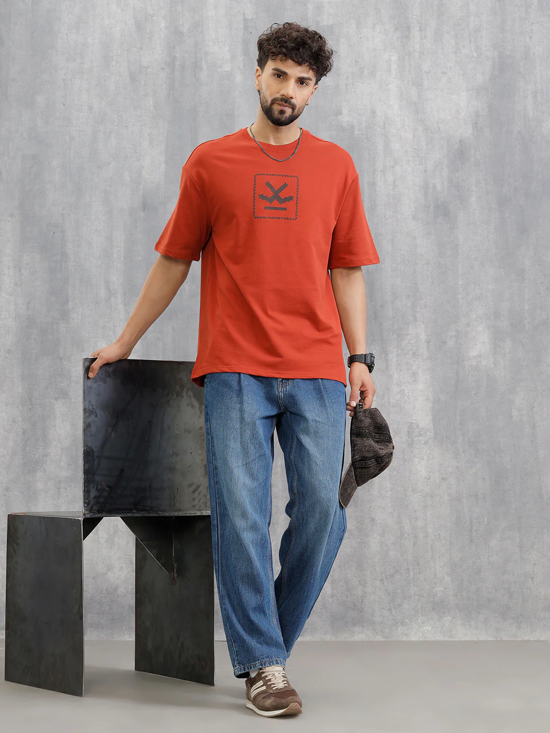 Cross Stitch Inspired 3D Back Print Crew Neck T-Shirt | Rust - Image 2