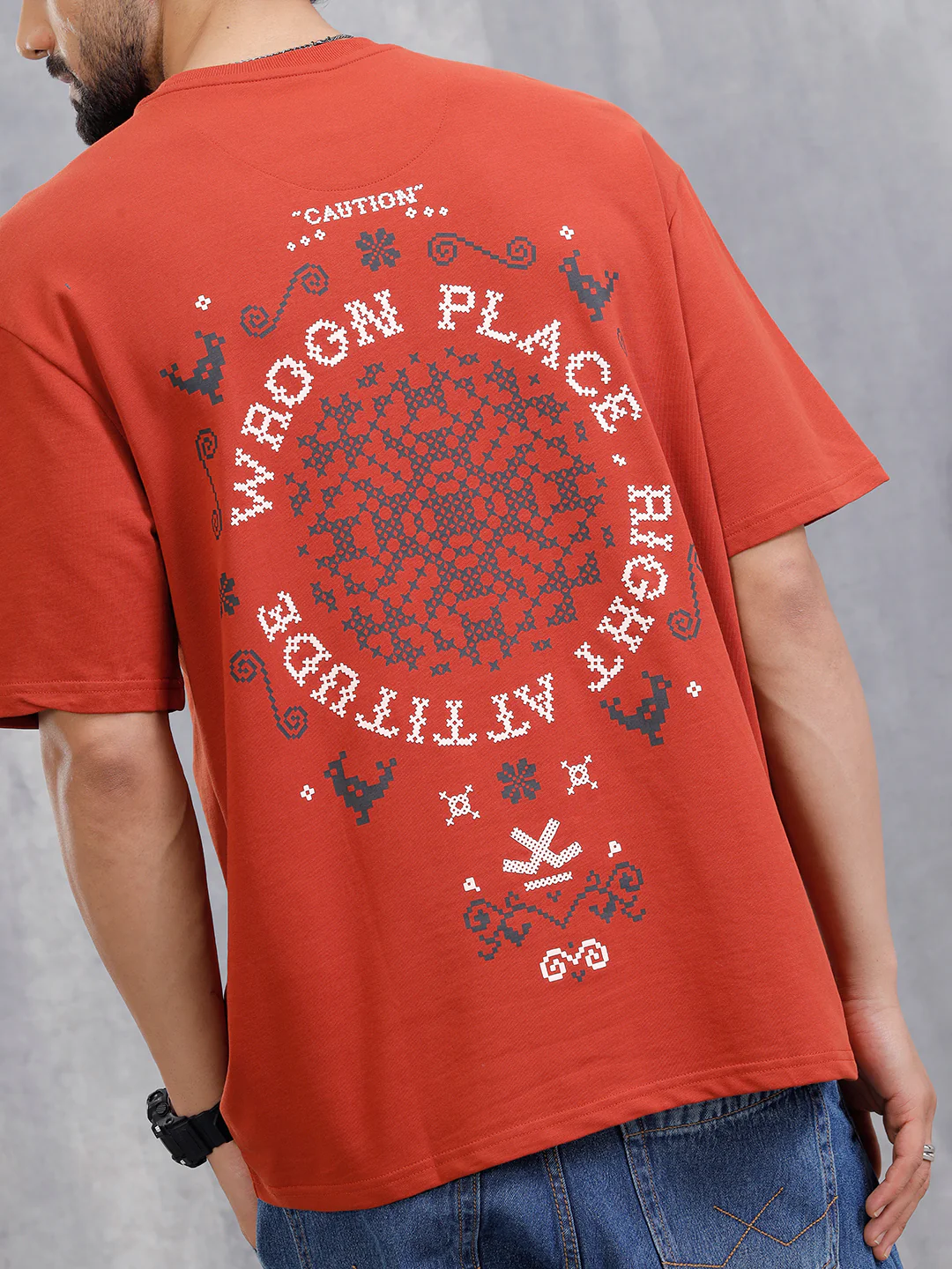 Cross Stitch Inspired 3D Back Print Crew Neck T-Shirt | Rust - Image 3