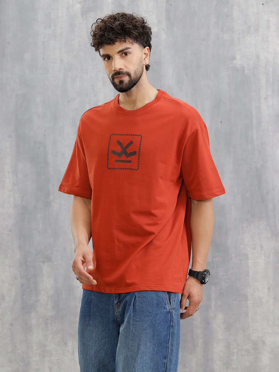 Cross Stitch Inspired 3D Back Print Crew Neck T-Shirt | Rust - Image 4