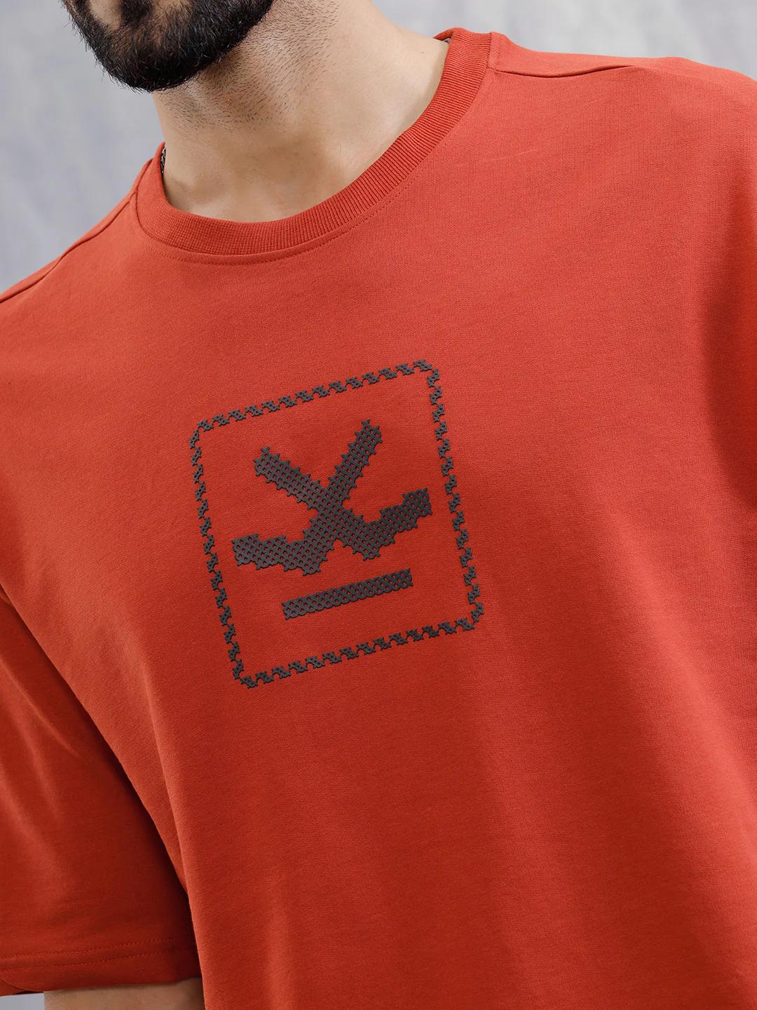 Cross Stitch Inspired 3D Back Print Crew Neck T-Shirt | Rust - Image 5