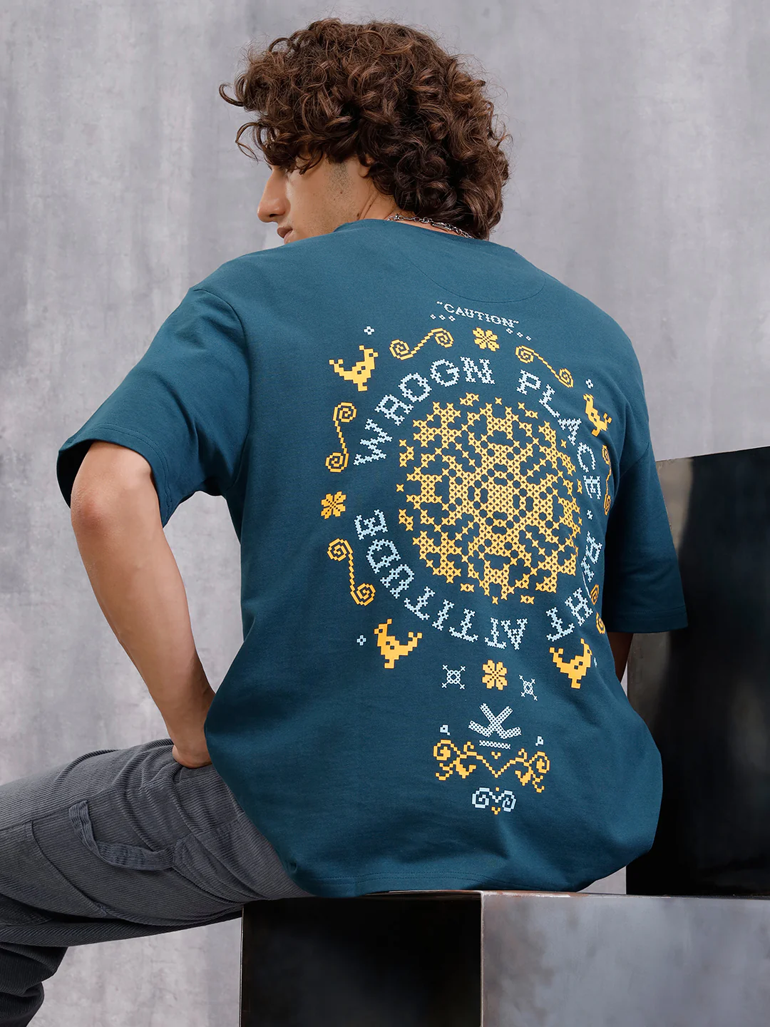 Cross Stitch Inspired 3D Back Print Crew Neck T-Shirt | Teal - Image 2
