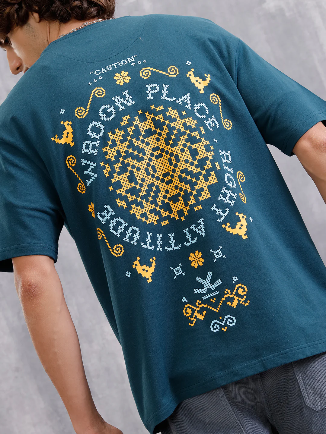 Cross Stitch Inspired 3D Back Print Crew Neck T-Shirt | Teal - Image 4