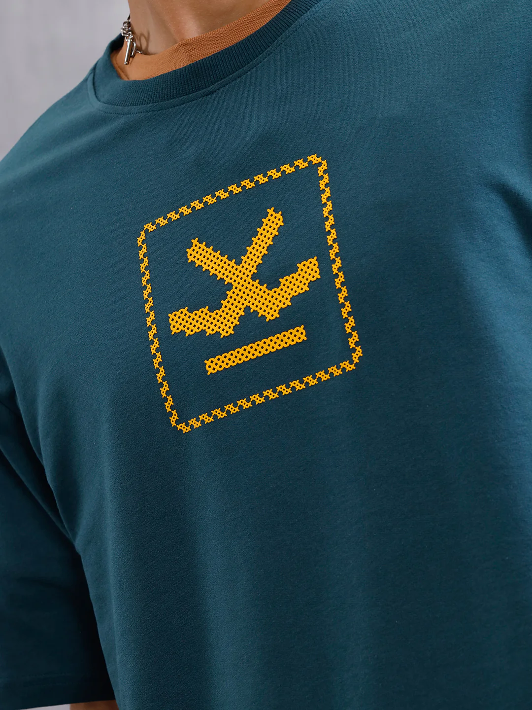 Cross Stitch Inspired 3D Back Print Crew Neck T-Shirt | Teal - Image 5