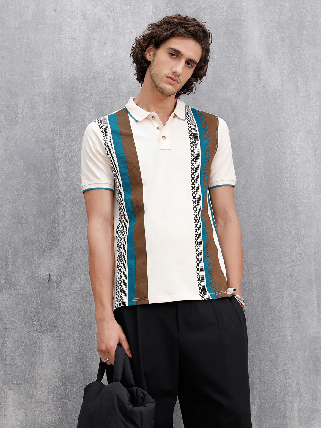 Cross-Stitch Inspired Printed Striped Slim Fit Shirt | Beige - Image 4