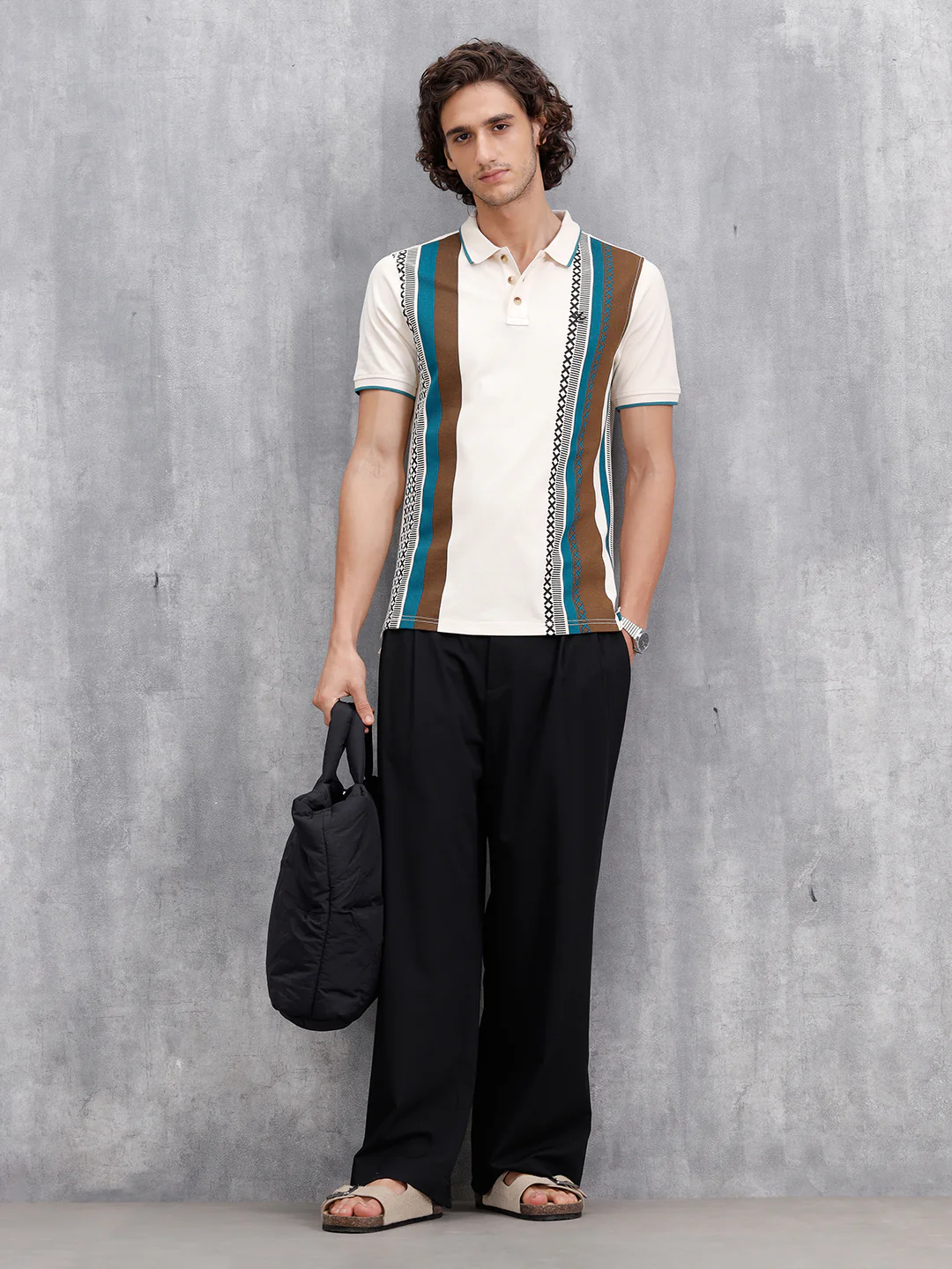Cross-Stitch Inspired Printed Striped Slim Fit Shirt | Beige - Image 5