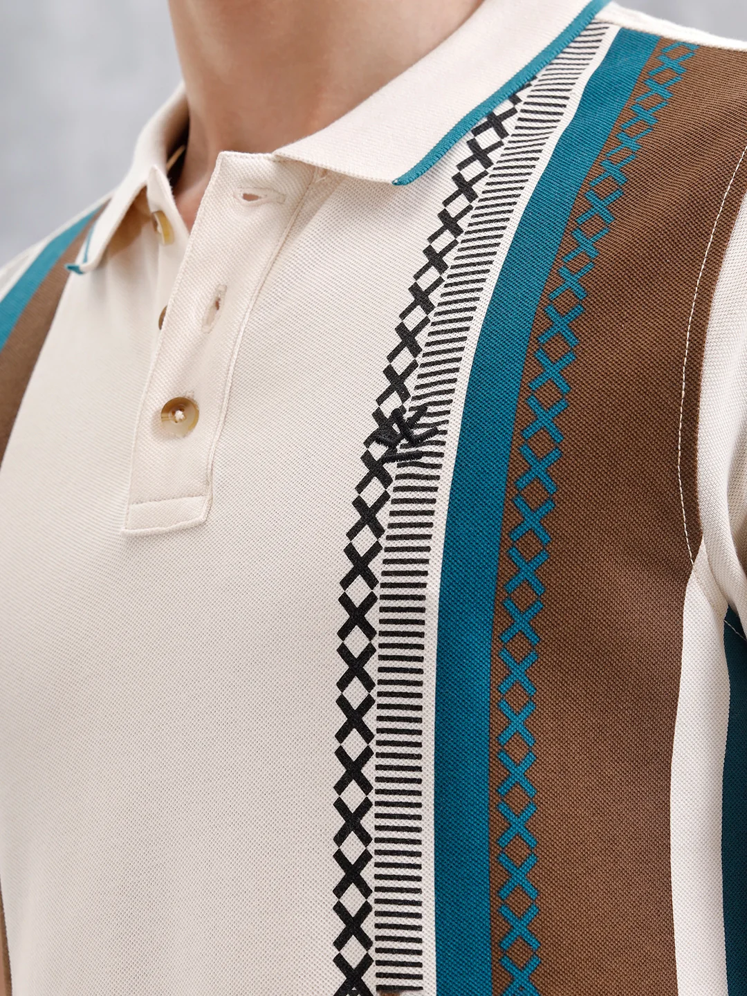Cross-Stitch Inspired Printed Striped Slim Fit Shirt | Beige - Image 8