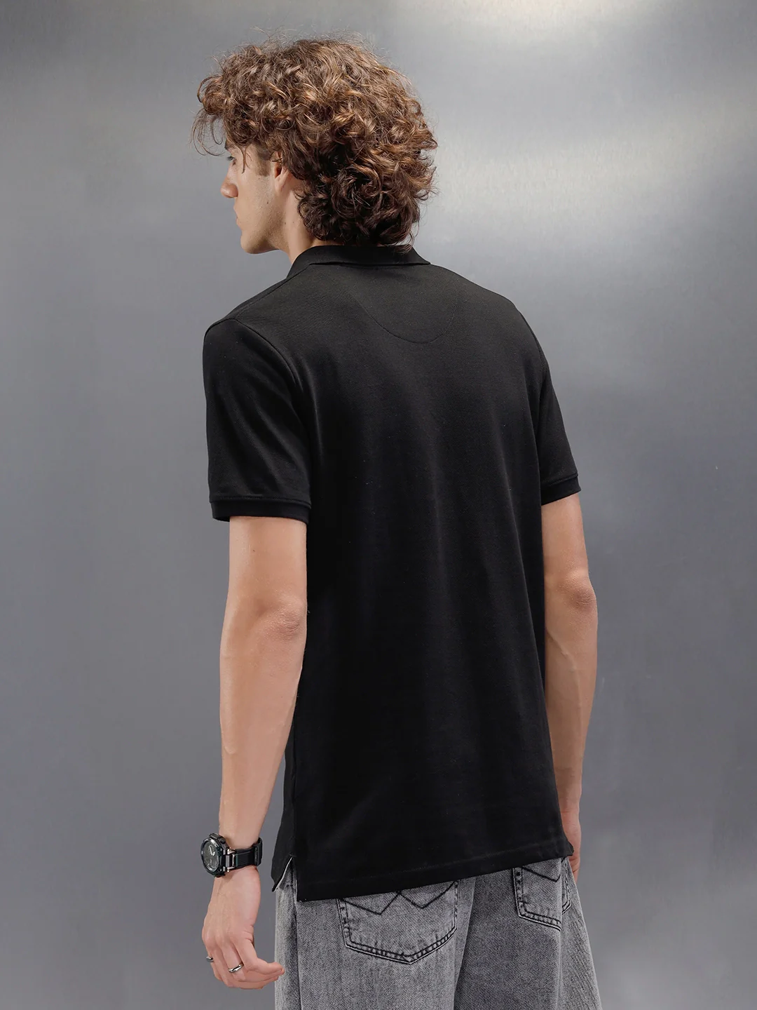 Cut&Sew Polo Collar Half Sleeve T-Shirt | Black - Image 3