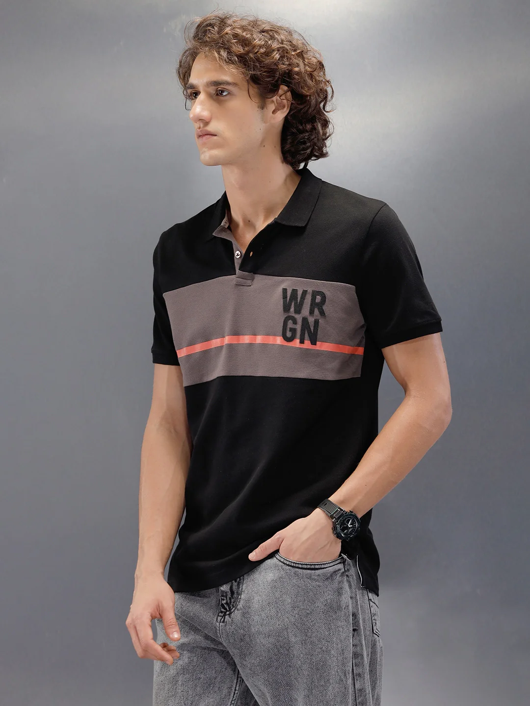 Cut&Sew Polo Collar Half Sleeve T-Shirt | Black - Image 4