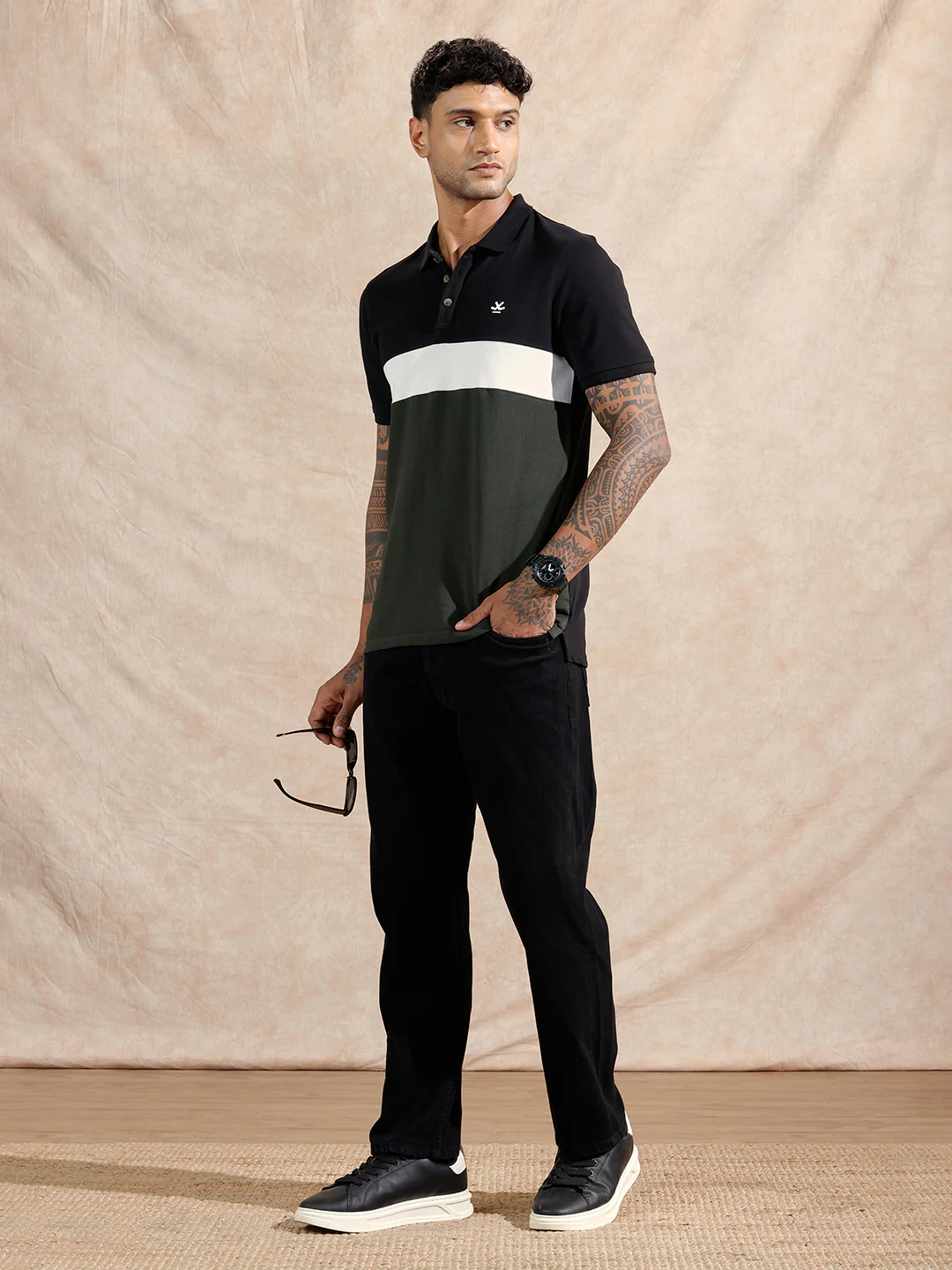 Cut & Sew Polo T-Shirt | Black & Olive - Image 2