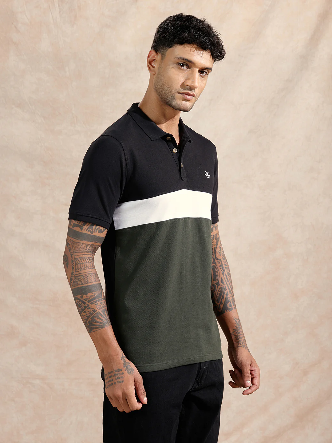 Cut & Sew Polo T-Shirt | Black & Olive - Image 4