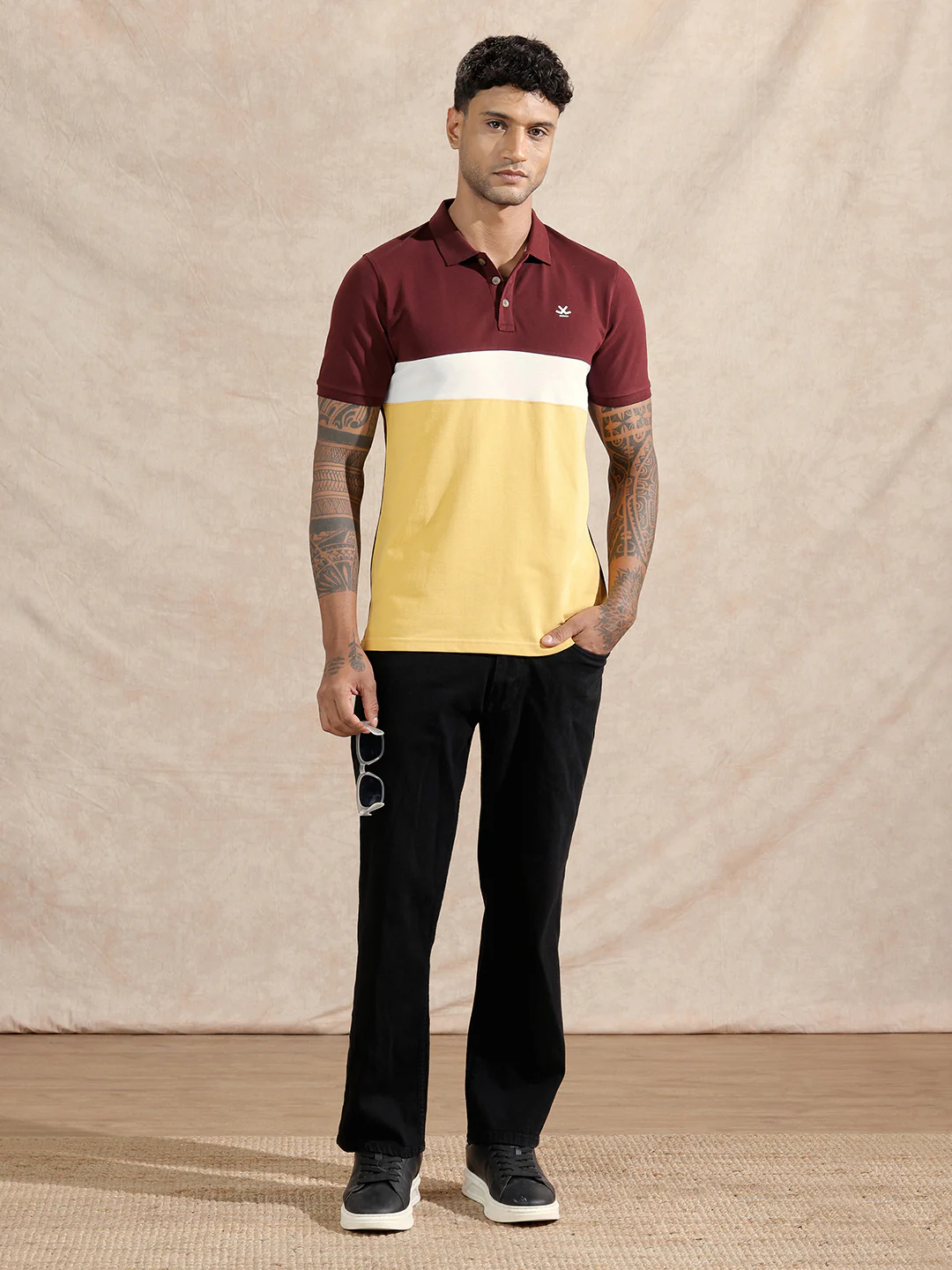 Cut & Sew Polo T-Shirt | Maroon & Yellow - Image 2