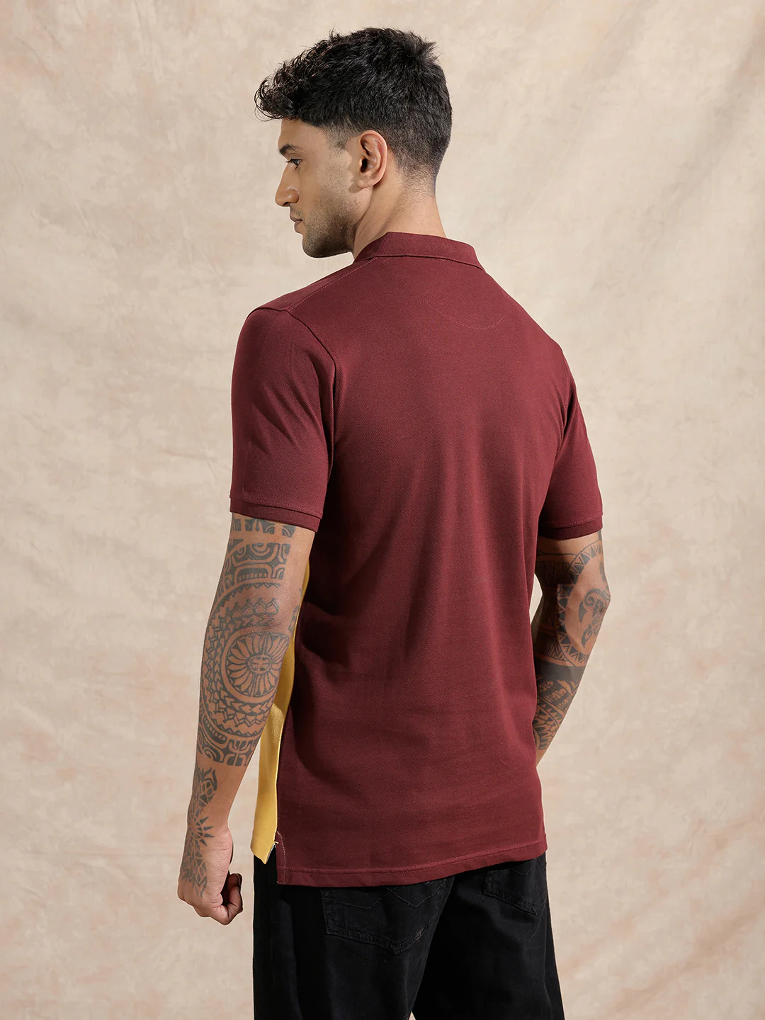 Cut & Sew Polo T-Shirt | Maroon & Yellow - Image 3