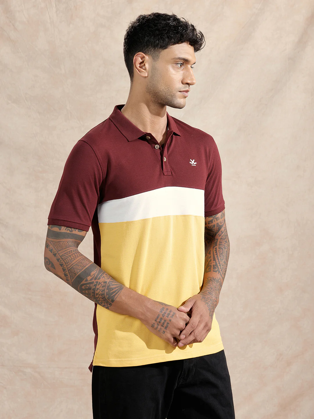 Cut & Sew Polo T-Shirt | Maroon & Yellow - Image 4