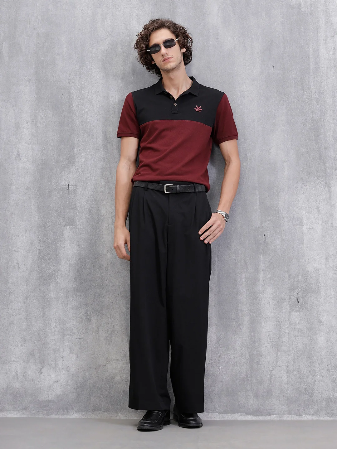 Cut & Sew Slim Fit Polo | Maroon/Black - Image 2