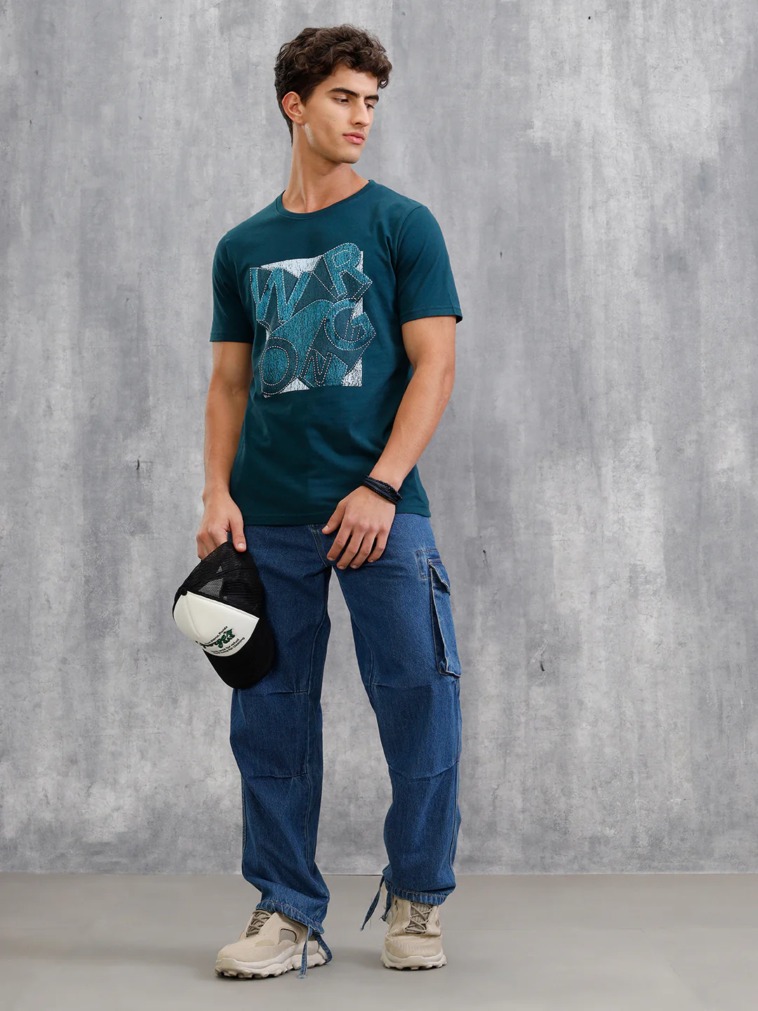 Denim Patchwork Inspired Chest Graphic T-Shirt | Teal - Image 2