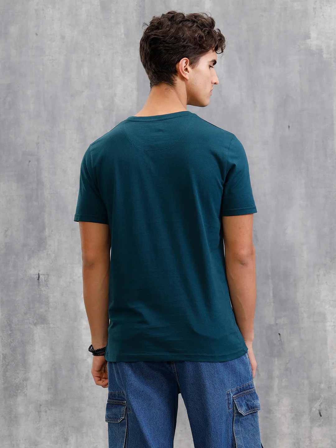 Denim Patchwork Inspired Chest Graphic T-Shirt | Teal - Image 3