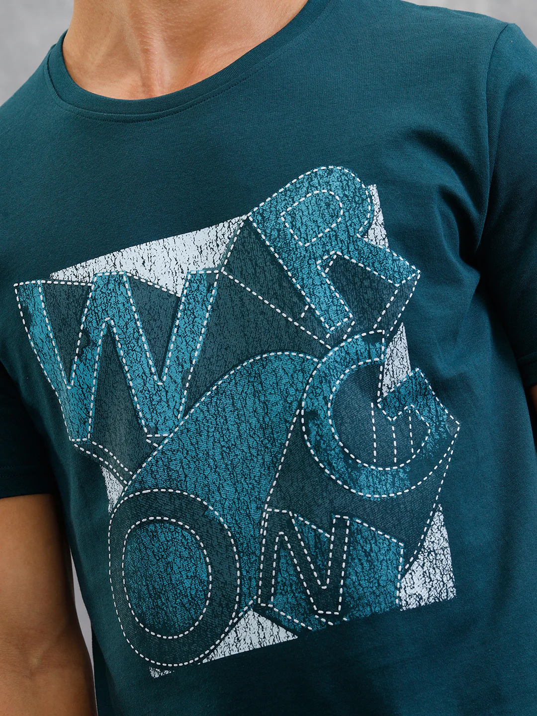 Denim Patchwork Inspired Chest Graphic T-Shirt | Teal - Image 4