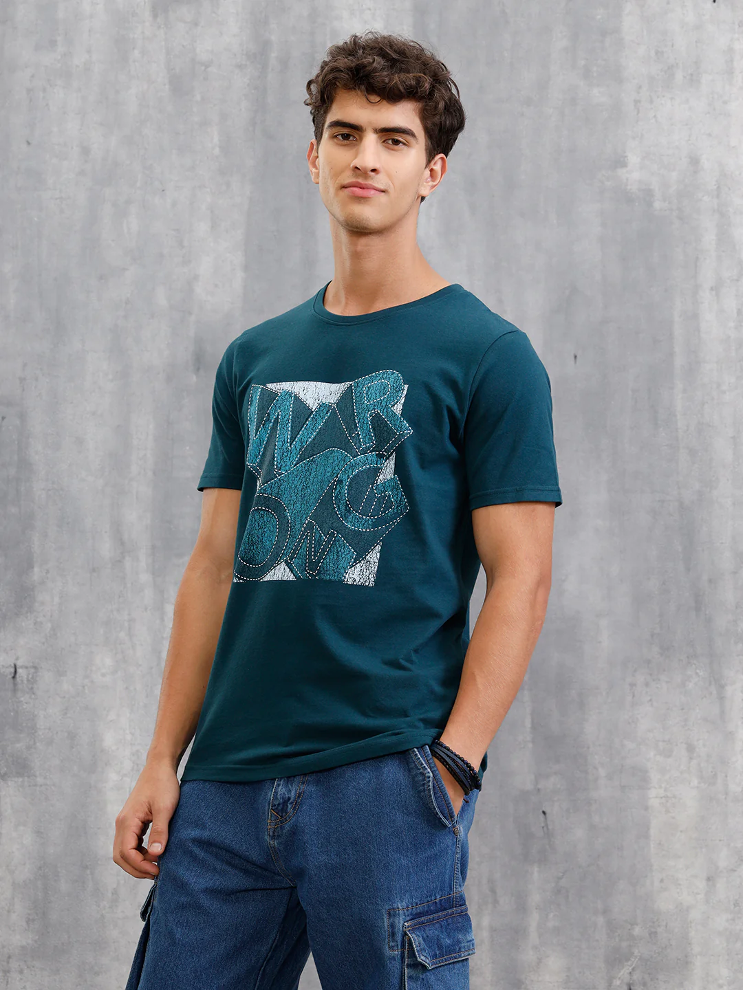 Denim Patchwork Inspired Chest Graphic T-Shirt | Teal - Image 5