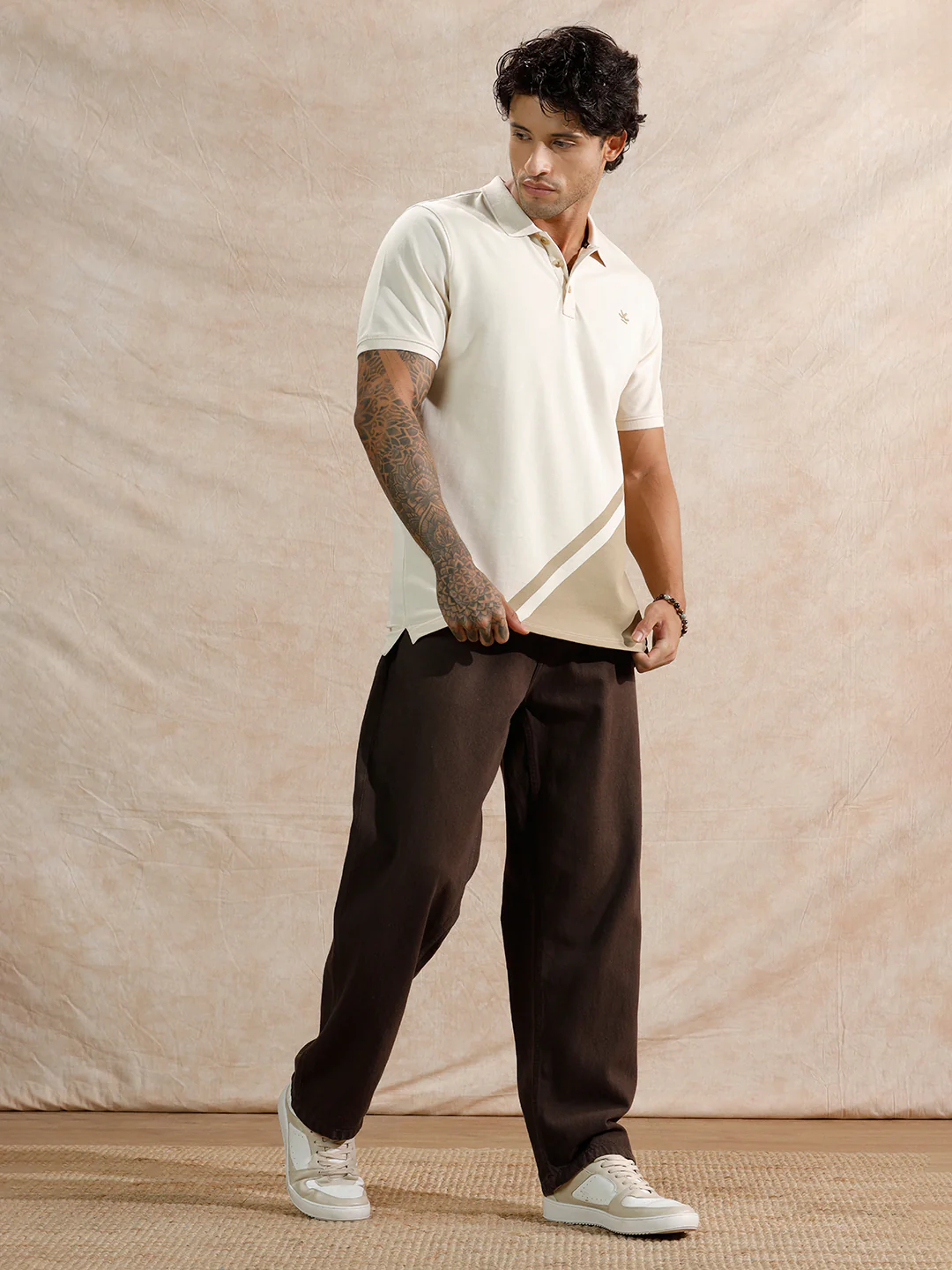 Diagonal Colour Blocked Polo T-Shirt | Beige - Image 2