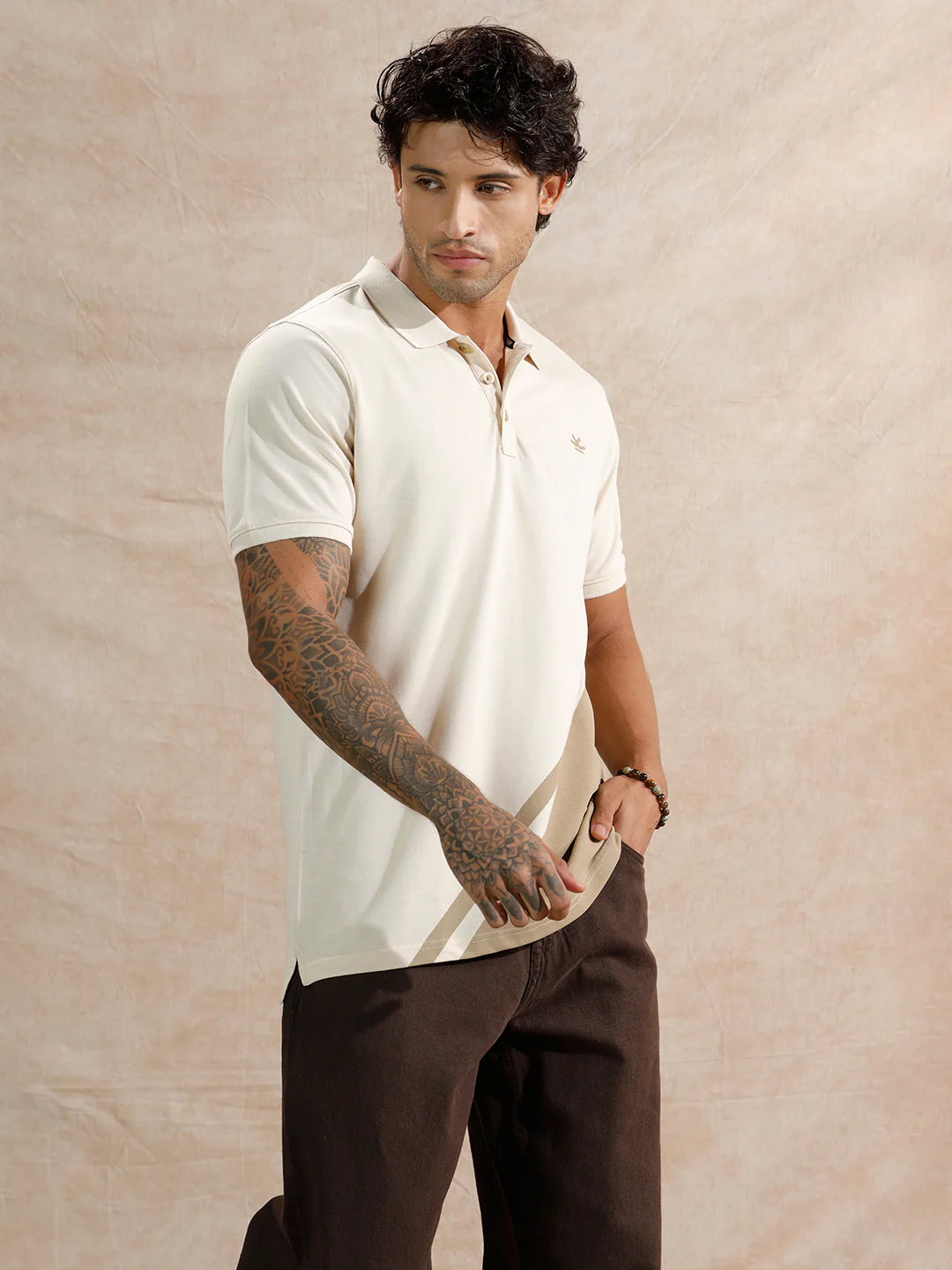 Diagonal Colour Blocked Polo T-Shirt | Beige - Image 4