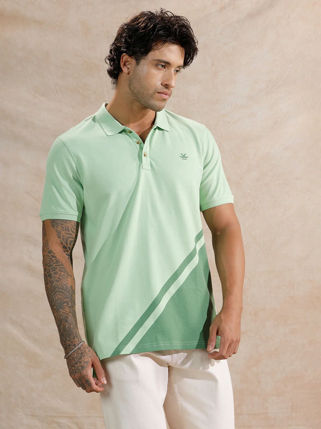 Diagonal Colour Blocked Polo T-Shirt | Light Green - Image 4