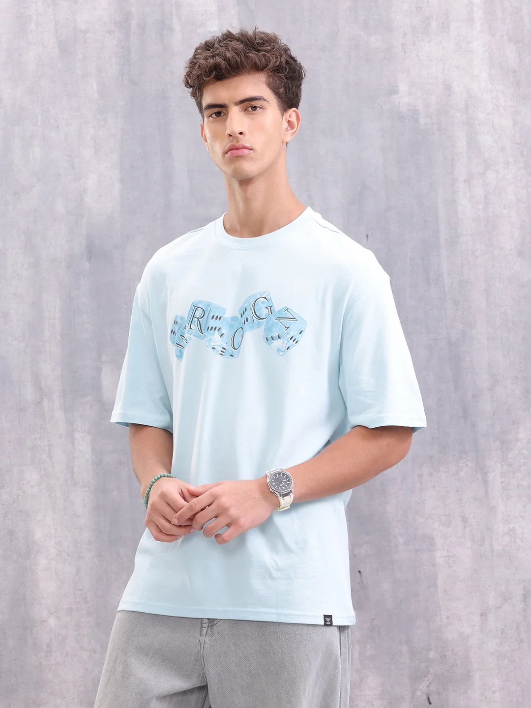 Dice Inspired Graphic Printed Oversized Fit T-shirt | Light Blue - Image 4