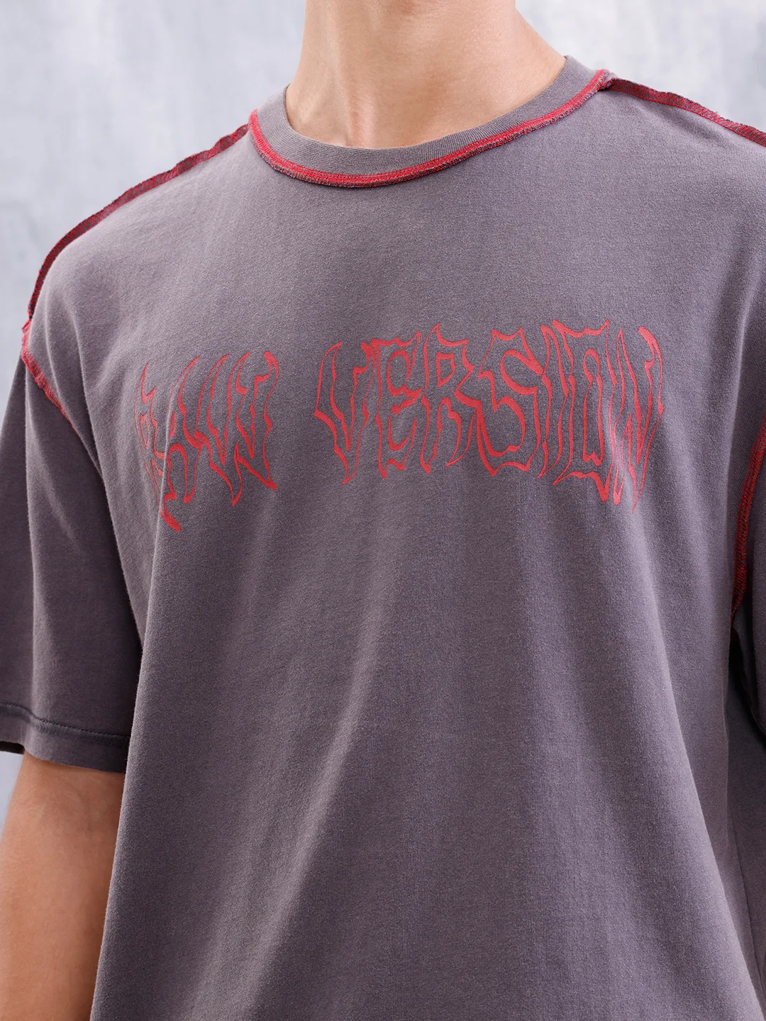 Distressed Grunge Look Oversized Fit T-shirt With Contrast Flat Lock Stitch Detail | Grey - Image 5