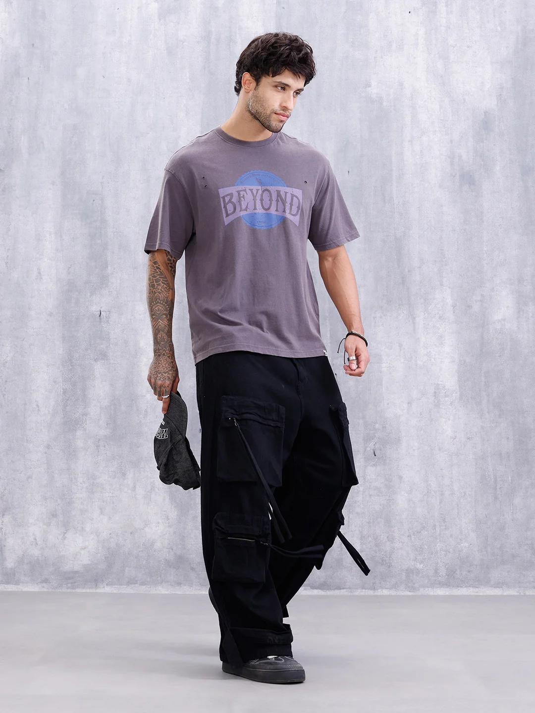 Distressed Look Retro Wash Graphic Printed Oversized Fit T-Shirt | Grey - Image 2