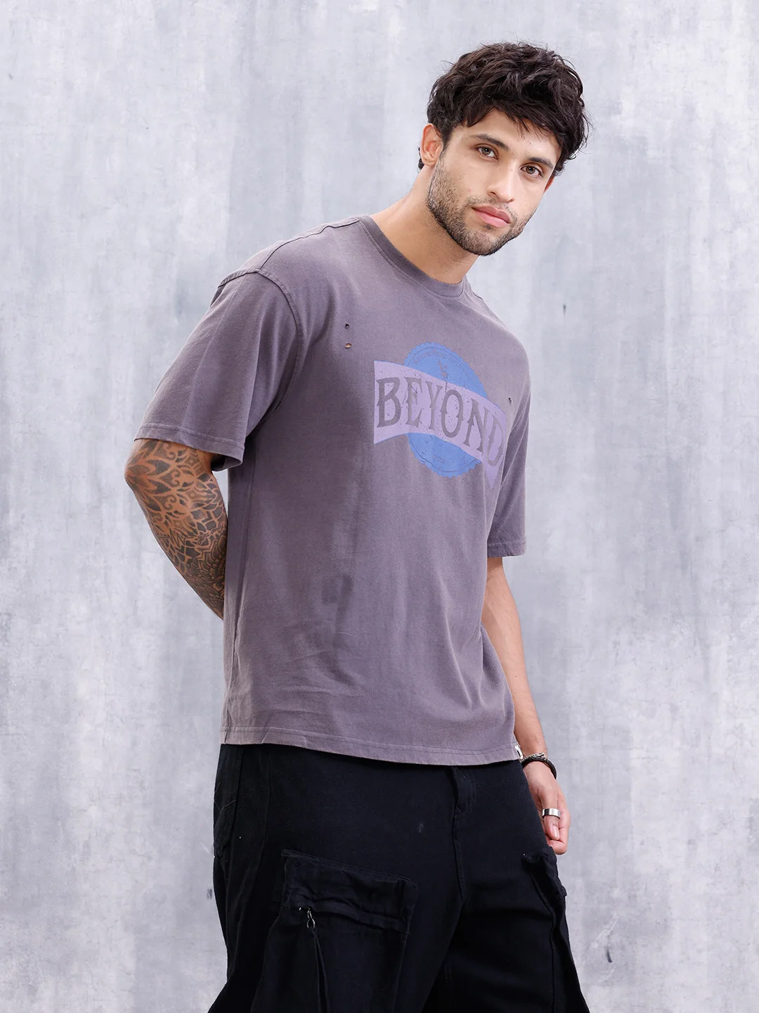 Distressed Look Retro Wash Graphic Printed Oversized Fit T-Shirt | Grey - Image 4