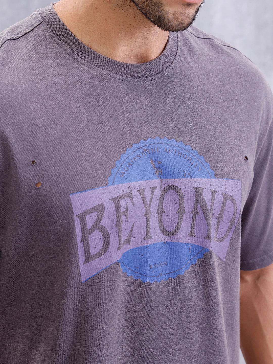 Distressed Look Retro Wash Graphic Printed Oversized Fit T-Shirt | Grey - Image 5