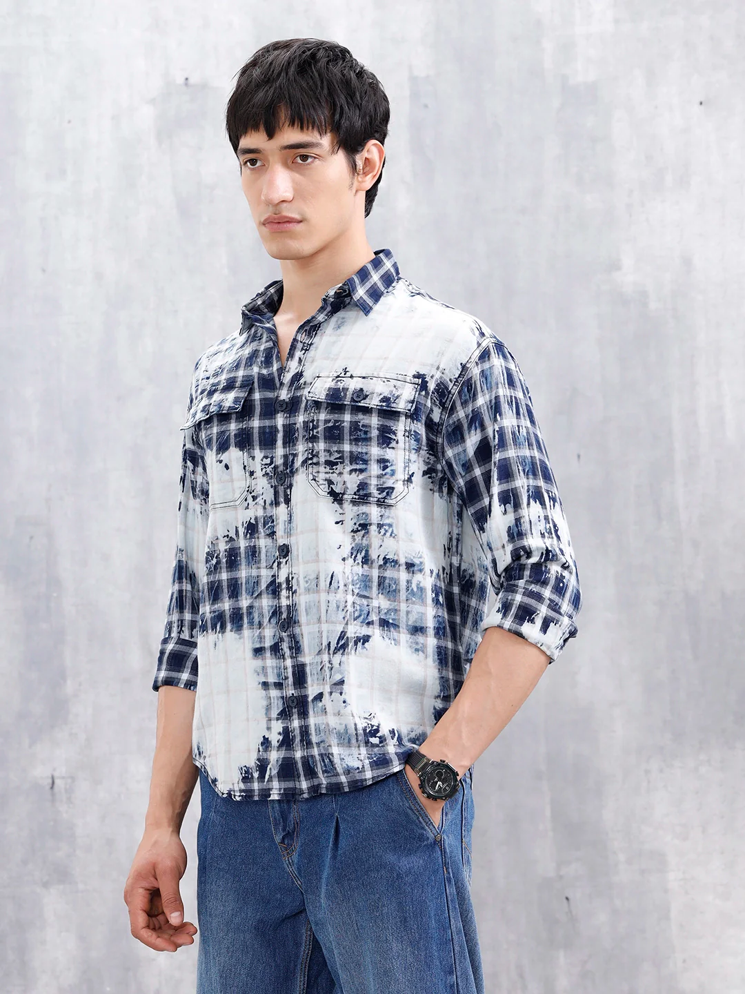Distressed Plaid Check Shirt With Pockets | Blue - Image 4