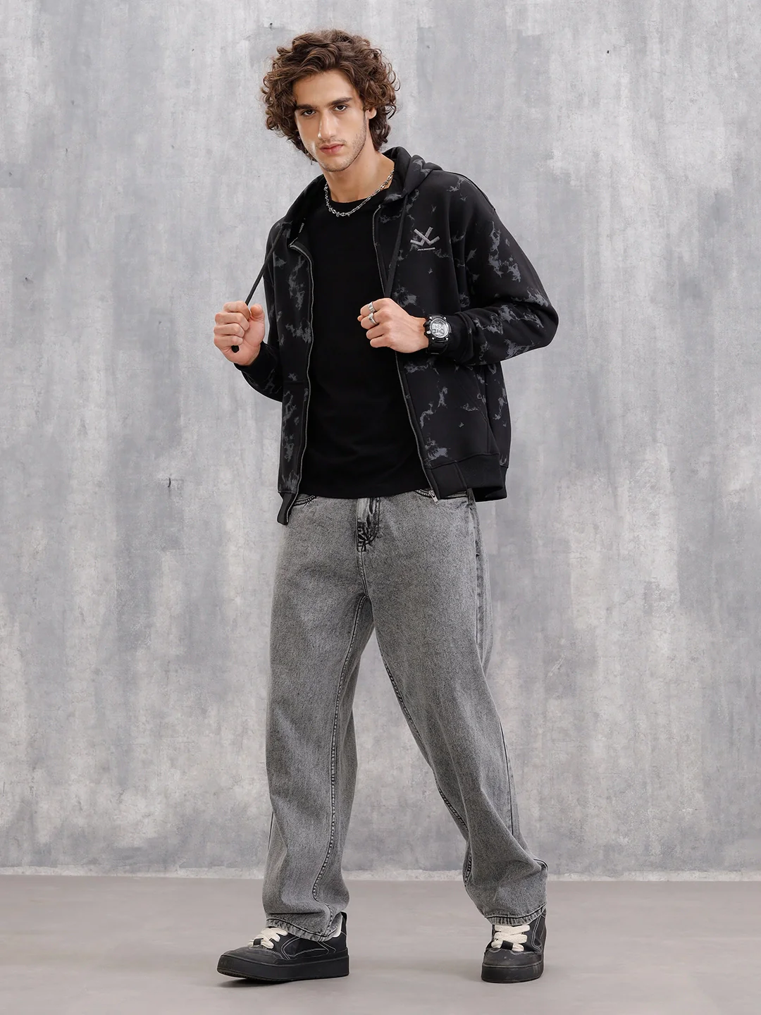 Distressed Printed Front Open Hooded Sweatshirt  |  Black - Image 2