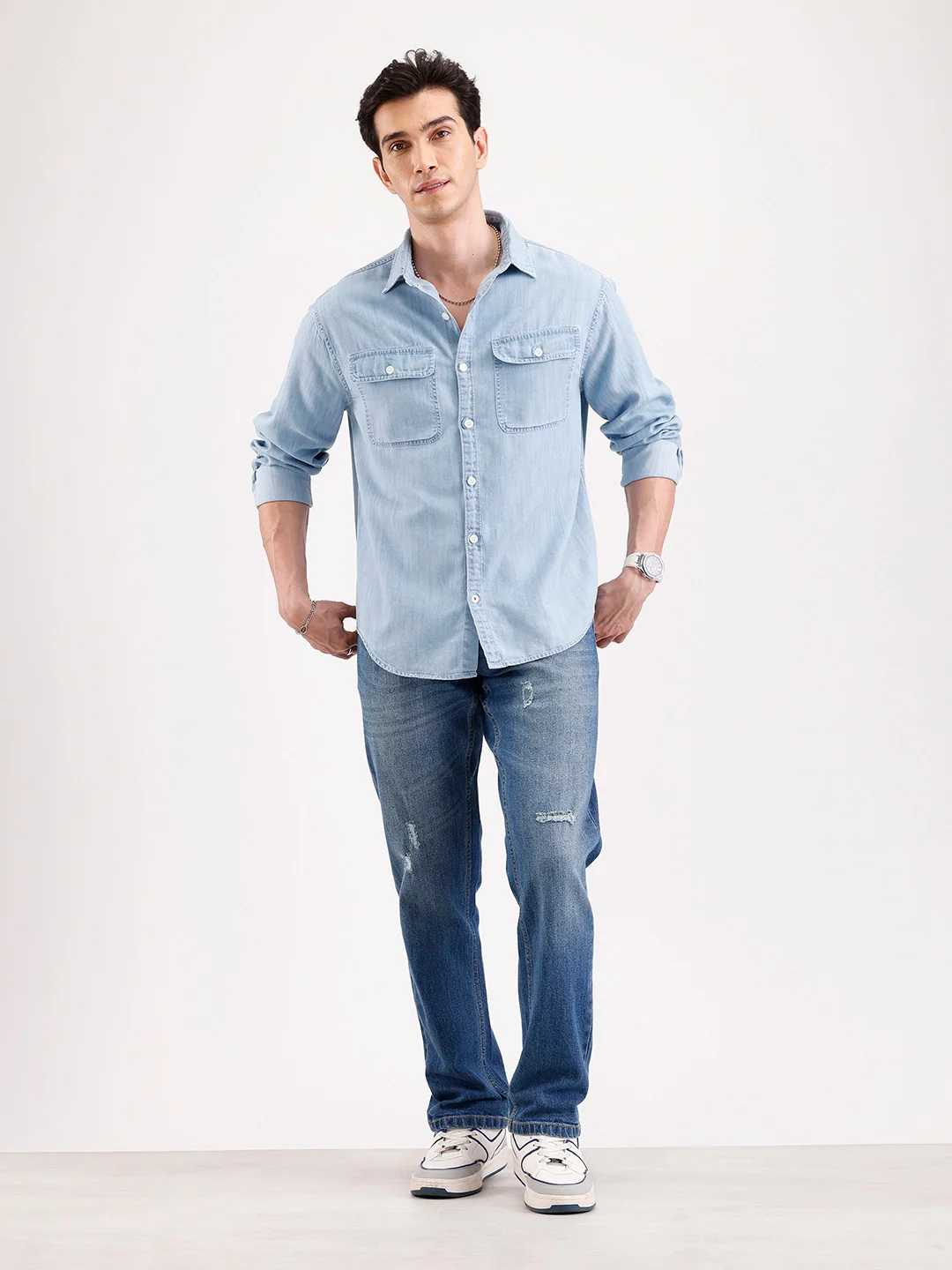 Distressed Straight Fit Denim Jeans   |  Blue - Image 2