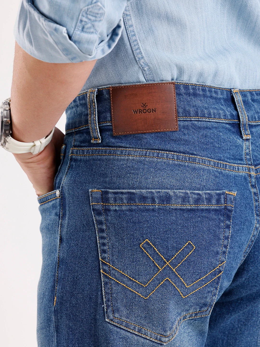 Distressed Straight Fit Denim Jeans   |  Blue - Image 6