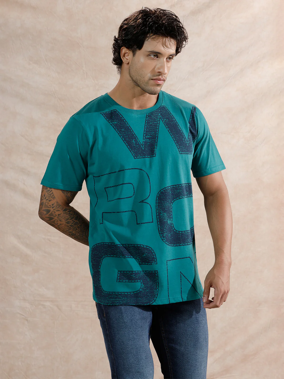 Distressed Typography Slim Fit T-Shirt | Teal - Image 4