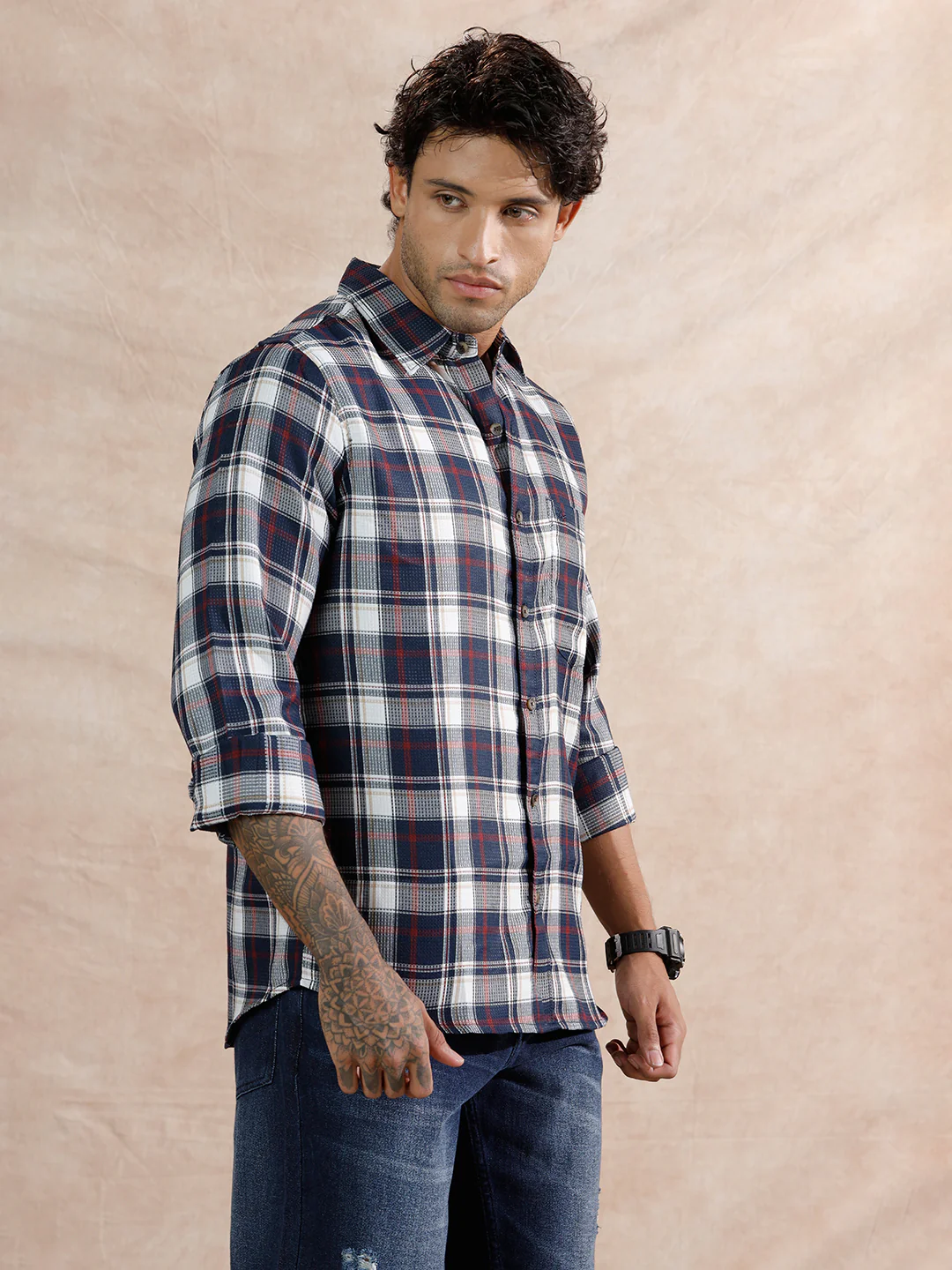 Dobby Check Regular Fit Shirt  | Navy Blue - Image 4