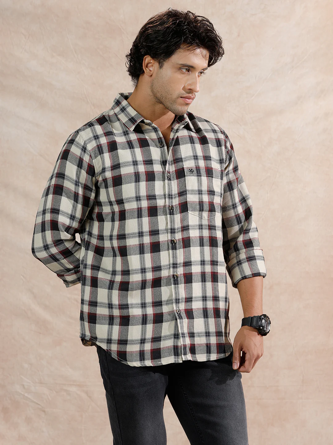 Dobby Textured Checks Regular Fit Shirt | Off White - Image 4