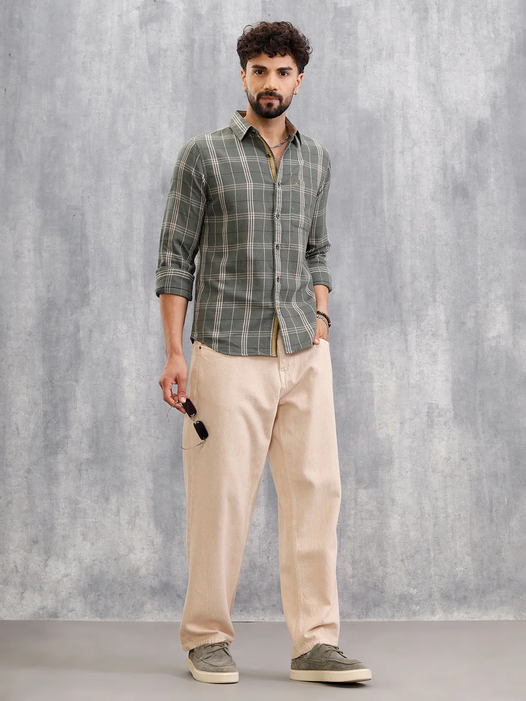 Dobby Textured Tonal Check Shirt In Slim Fit | Green - Image 2