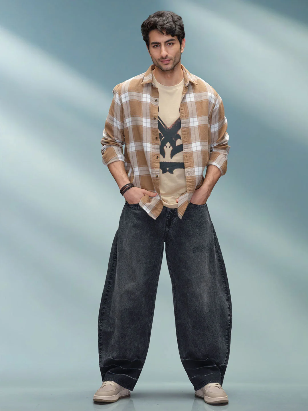 Double Layered Check Slim Fit Shirt | Brown - Image 2
