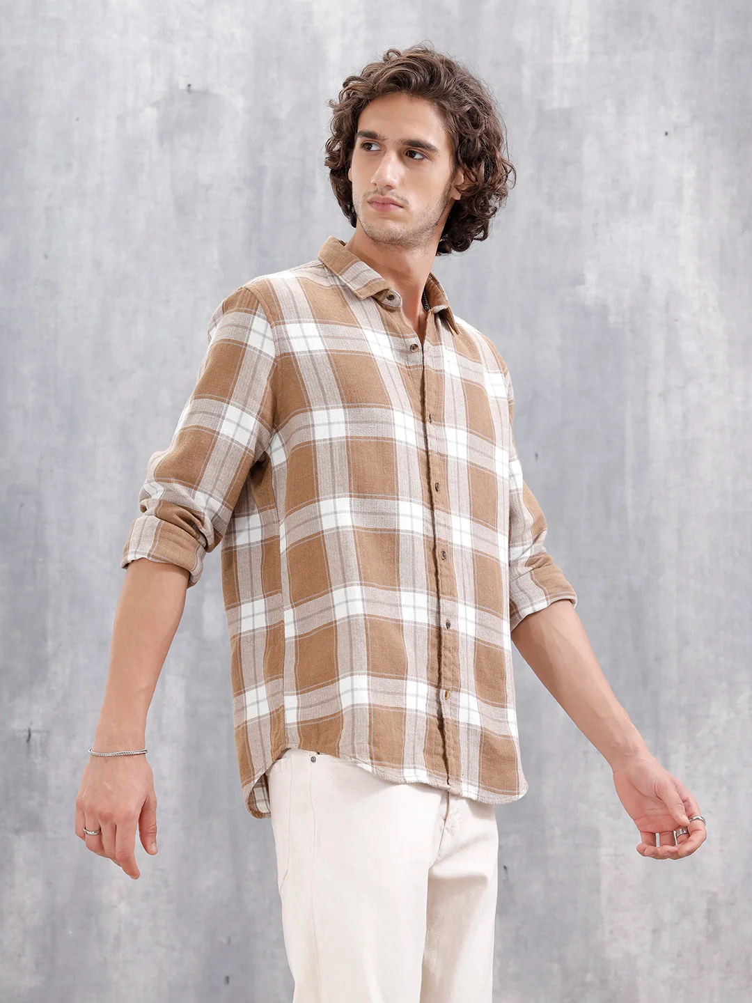 Double Layered Check Slim Fit Shirt | Brown - Image 6