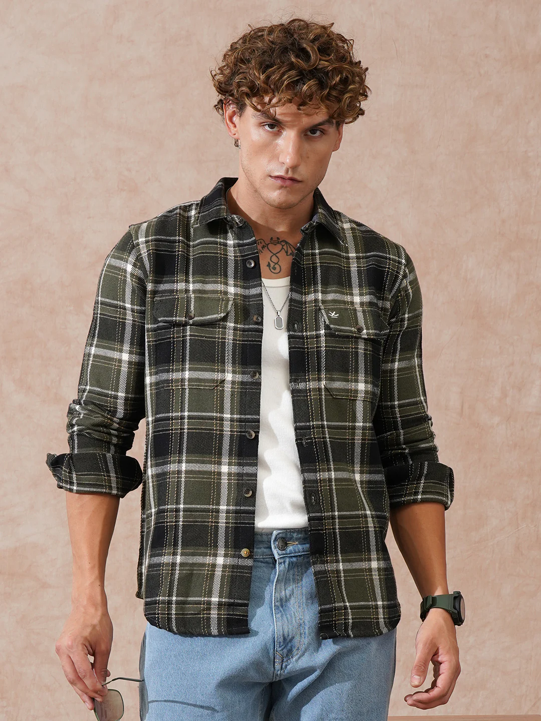 Double Pocket Checked Shirt | Olive - Image 3
