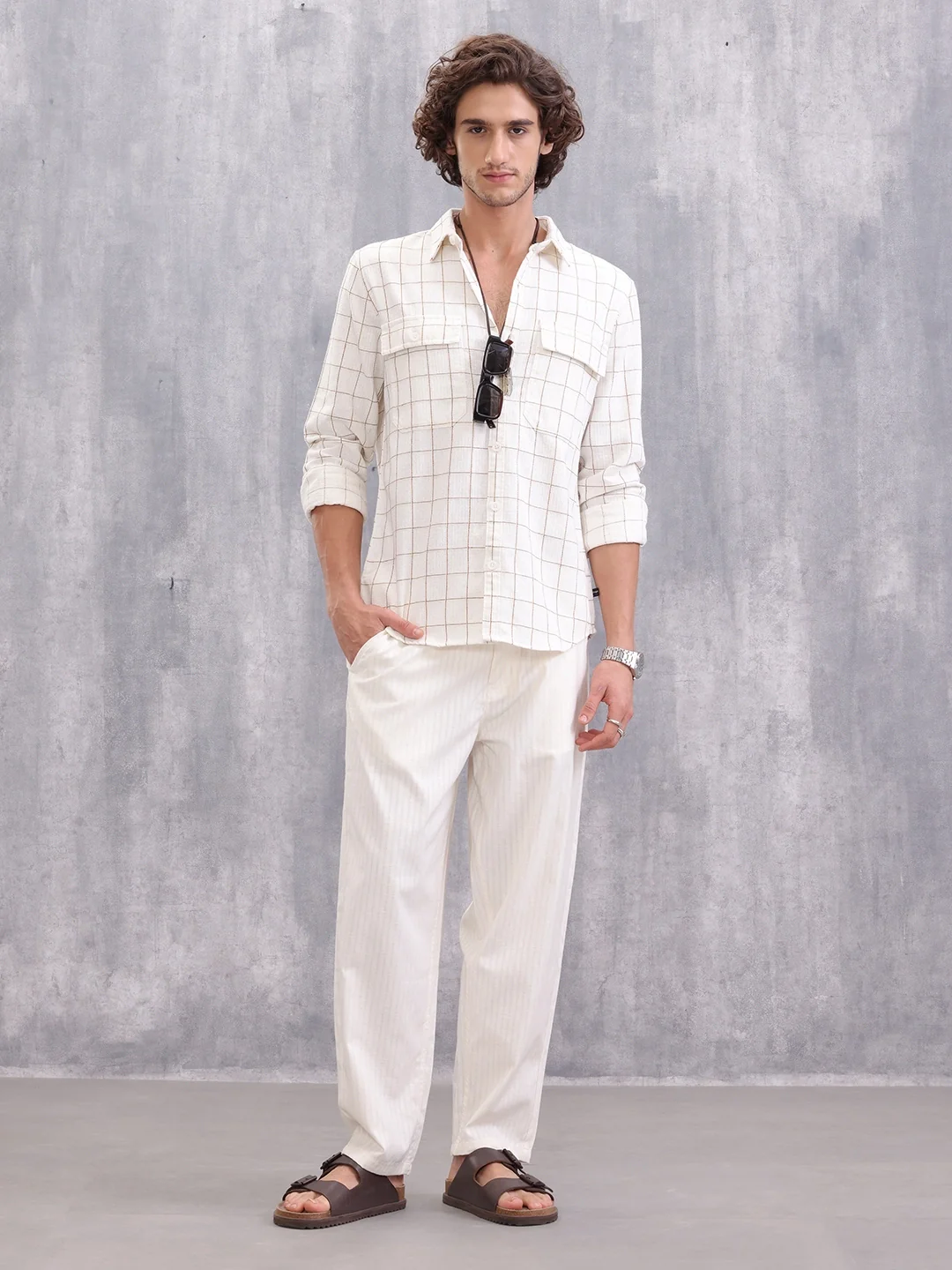 Double Pocket Checkered Shirt | Beige - Image 2