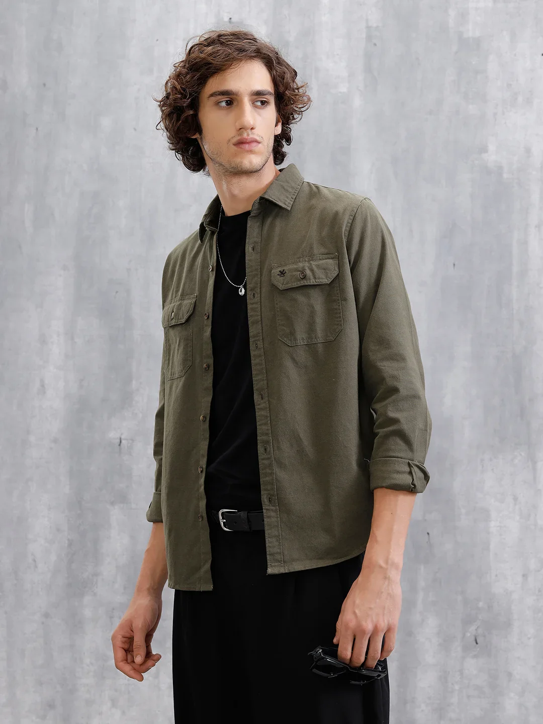 Double Pocket Solid Shirt | Olive - Image 4