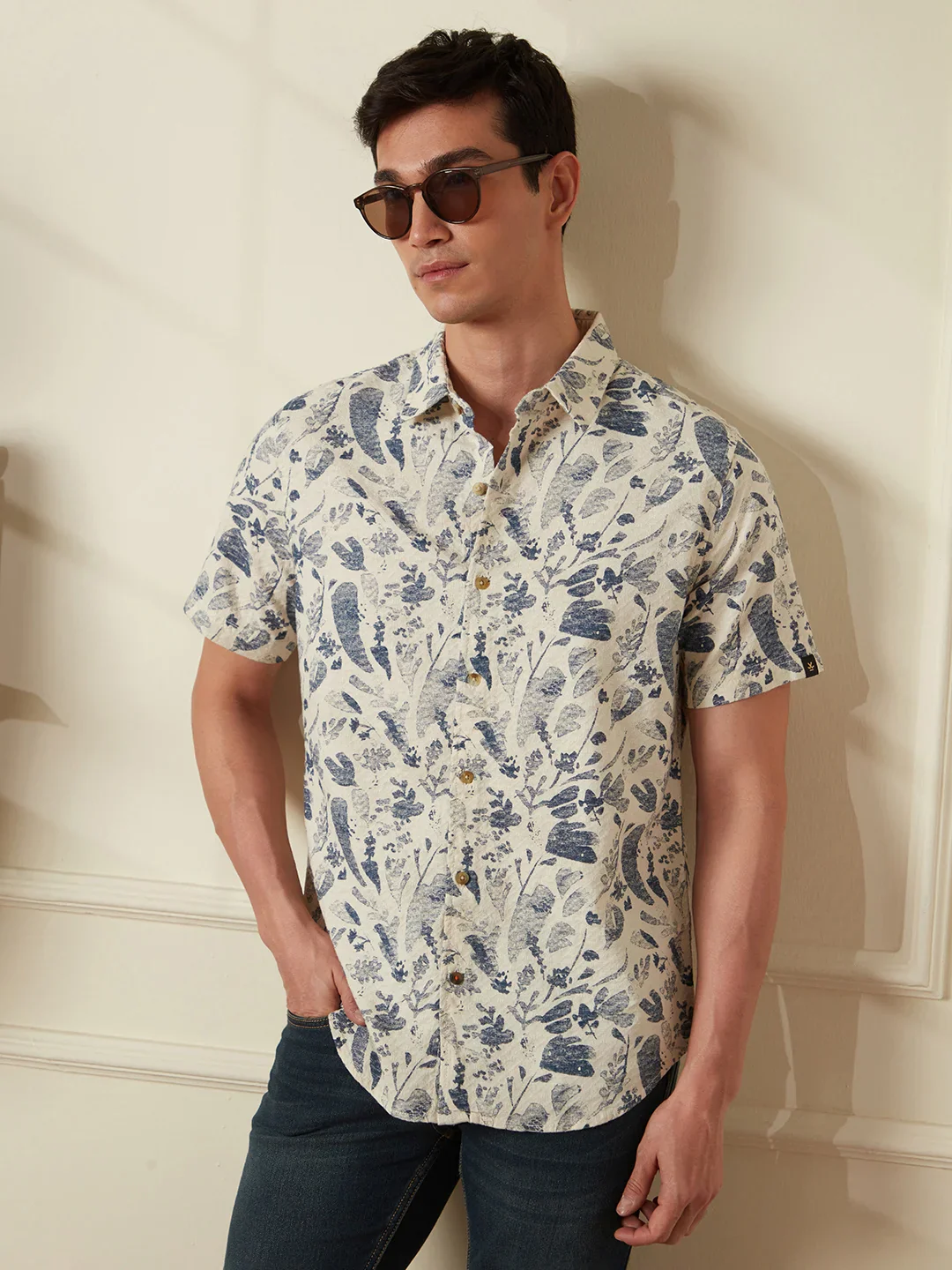 Textured Cotton Dobby AOP shirt | Navy Blue - Image 3