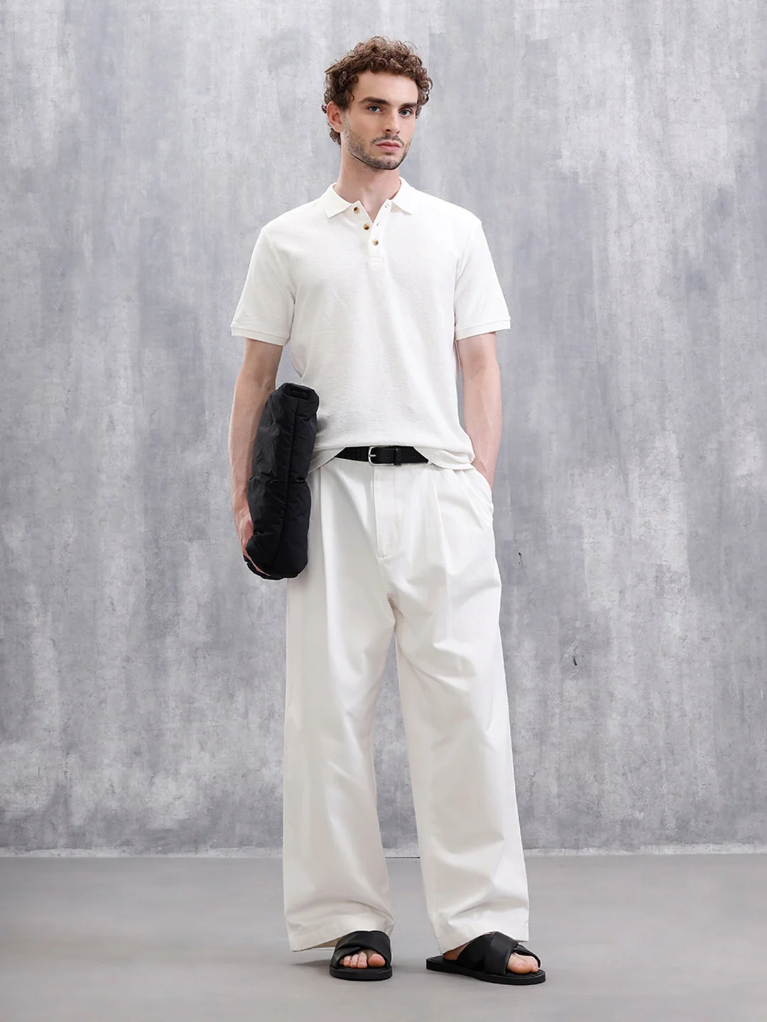 Crinkled Knit Polo T-Shirt | Off White - Image 2