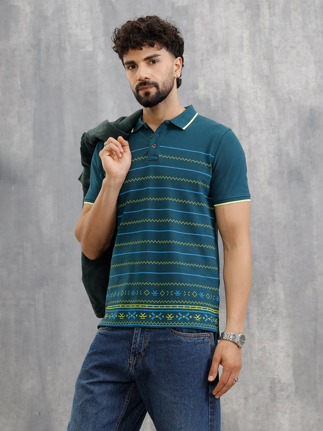 Embroidered Look Engineered Aop Polo T-Shirt  | Teal - Image 4