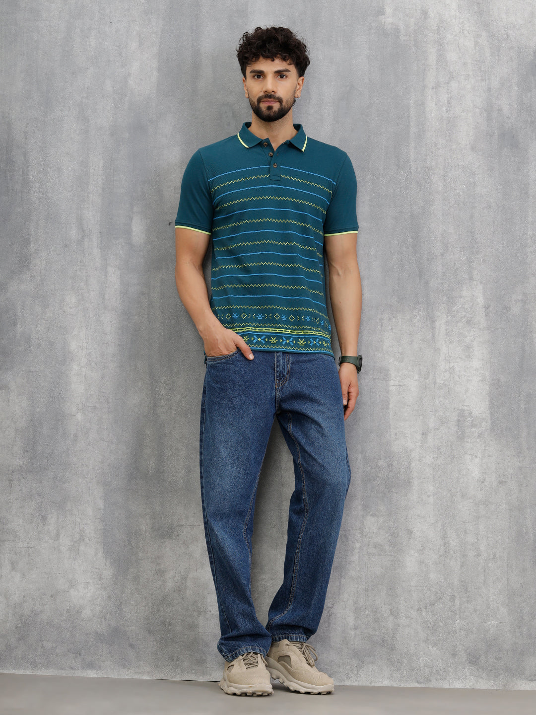 Embroidered Look Engineered Aop Polo T-Shirt  | Teal - Image 5